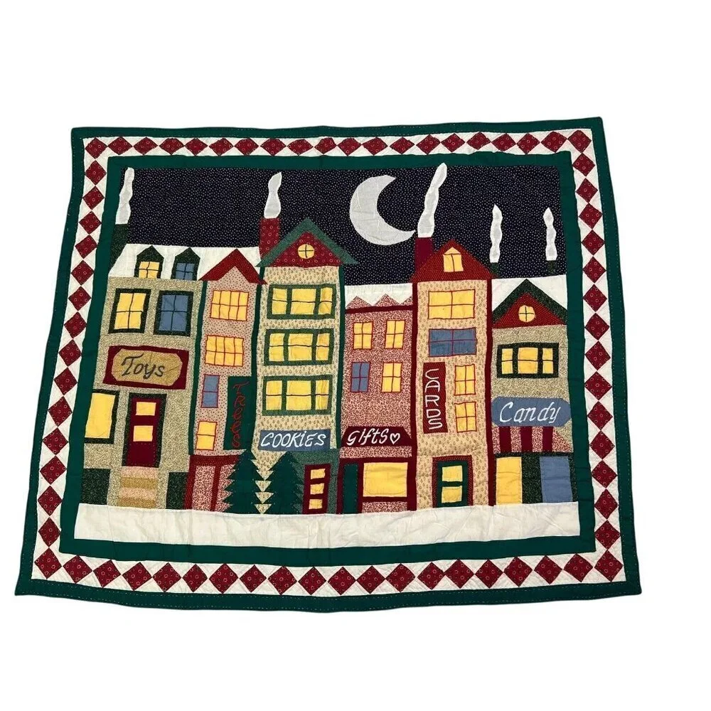 Handmade Vintage Throw Quilt Christmas Town Toys Cookies Wall Hanging